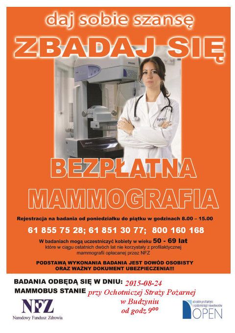 Bezpłatne badania mammograficzne, Budzyń, Remiza OSP w dniu 24.08.2015r.