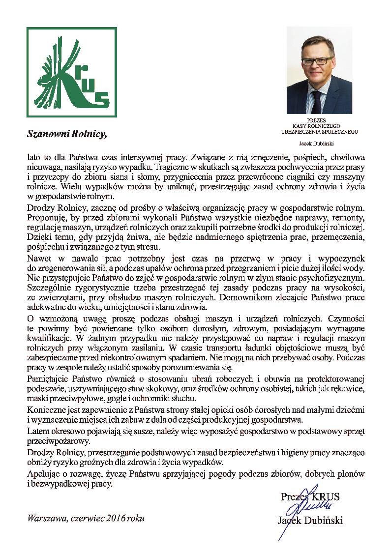 plakat - Apel Prezesa KRUS do rolników lato  2016